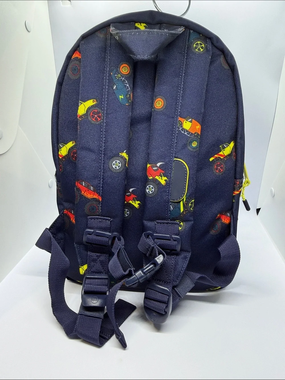 Navy Kids Backpack with Neon Yellow Accent and Racecar Print